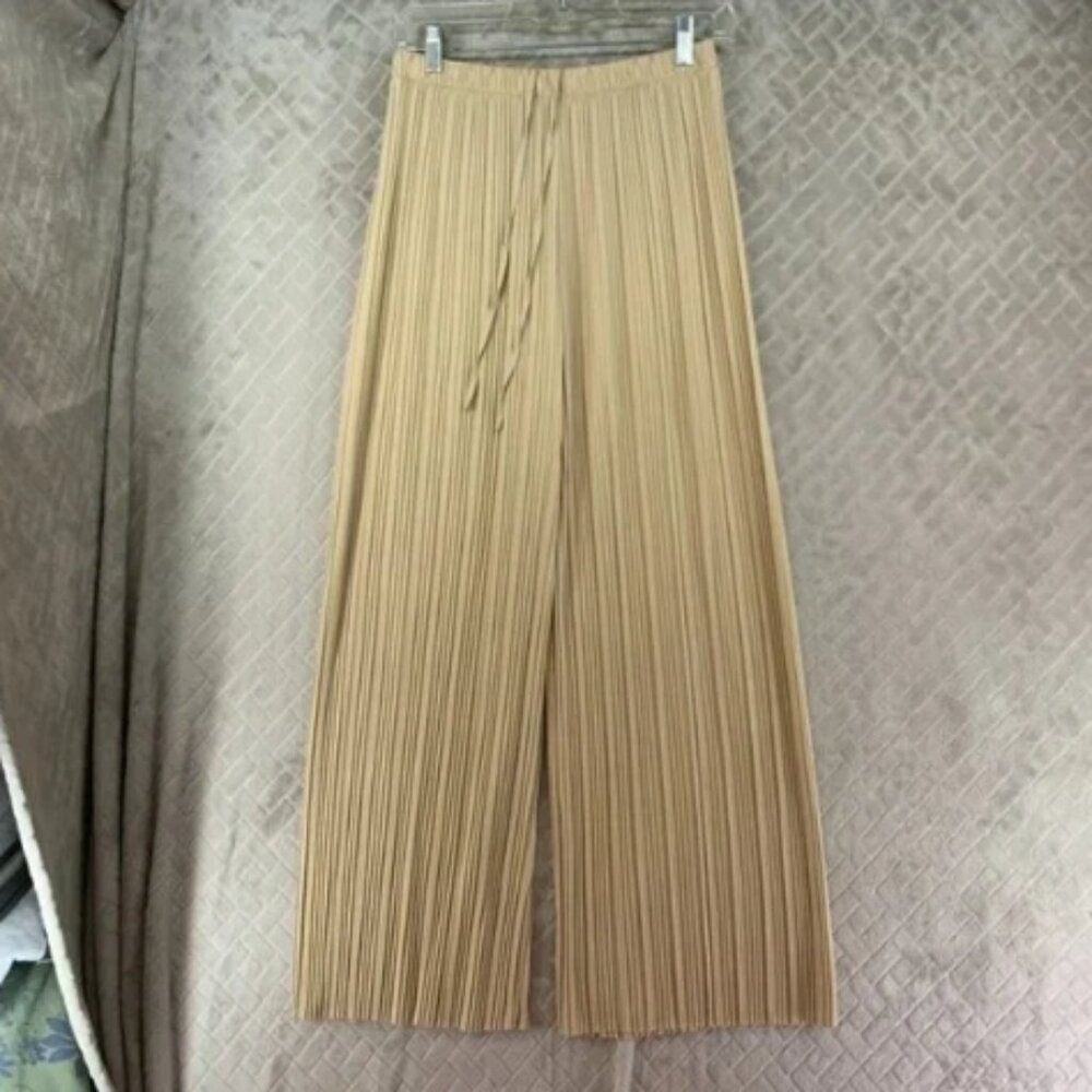 Uniqlo Pants Womens M Neutral Beige Crimped Baggy Wide Leg Boho Lagenlook Beach